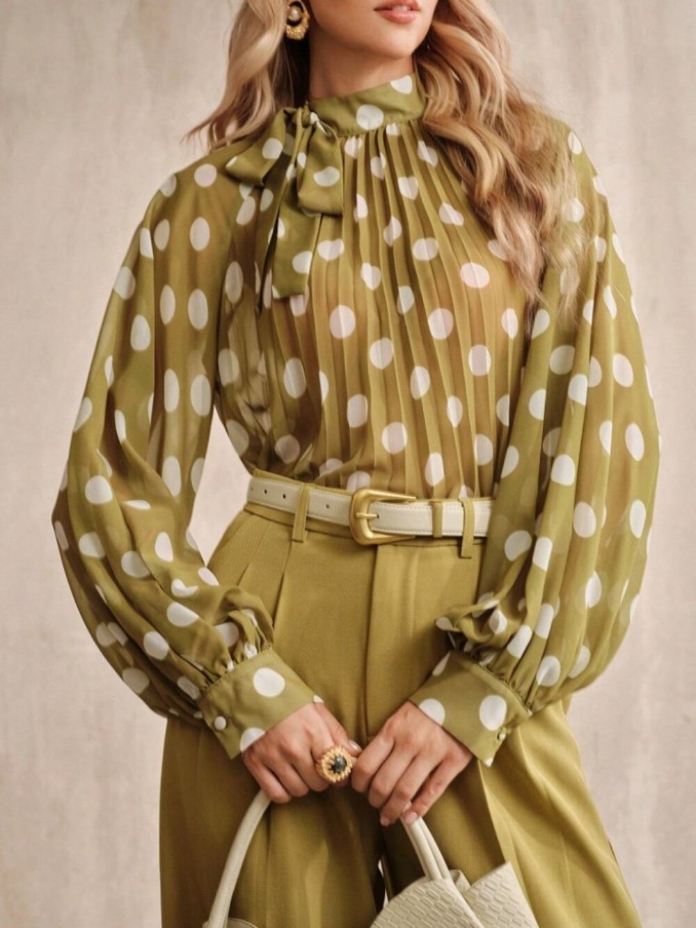 Green Polka Dot Chiffon Tie-Neck Pleated Bishop Sleeve Top - Picture 7 of 8